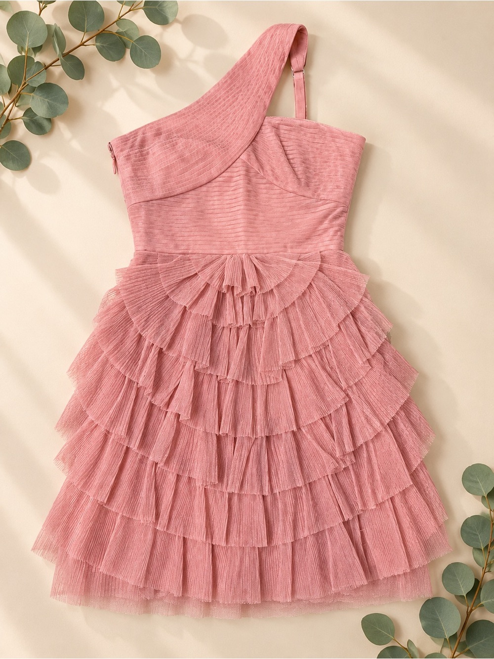 BCBGMaxAzria Ella Pink One-Shoulder Ruffle Tiered Party Dress